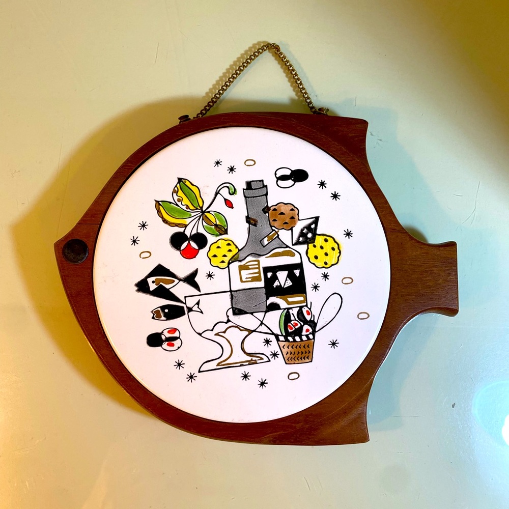 Vintage MCM fish shaped trivet. Wooden/ ceramic. Made in Japan.